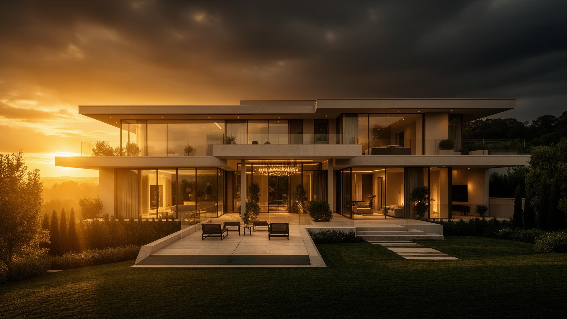 Modern luxury home at golden hour